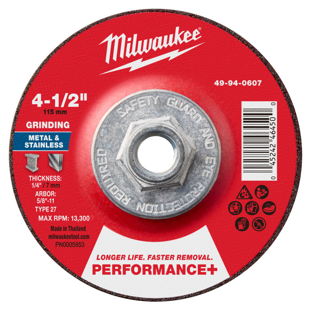 Milwaukee 49-94-0607 - 4-1/2" x 1/4" x 5/8"-11 Performance+ Metal Grinding Wheel - Type 27