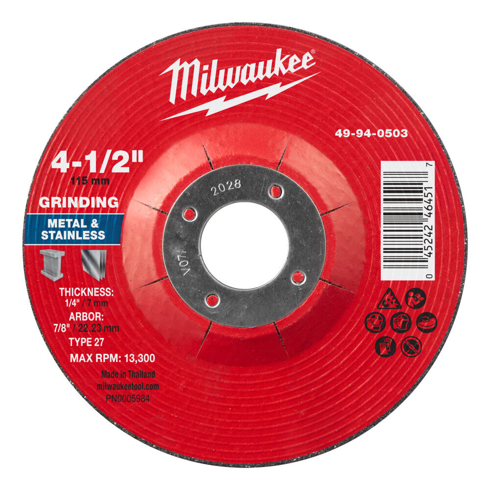 Milwaukee 49-94-0503 - 4-1/2" x 1/4" x 7/8" Metal Grinding Wheel - Type 27