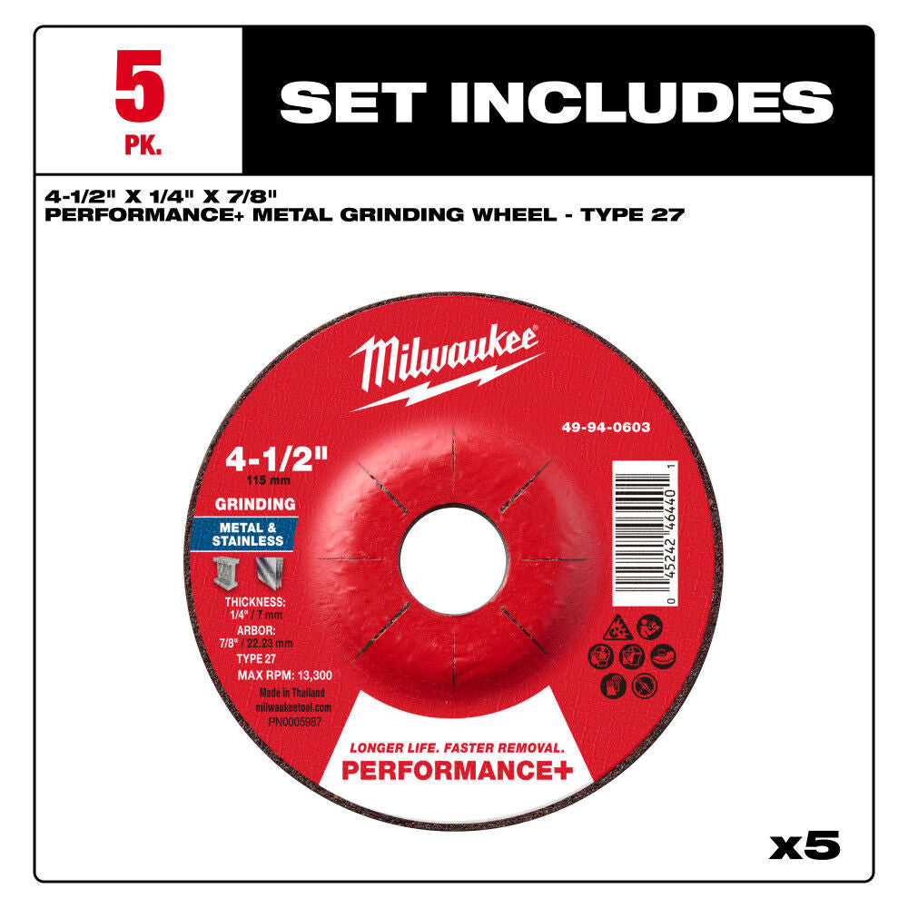 Milwaukee 49-94-0601 - 4-1/2" x 1/4" x 7/8" Performance+ Metal Grinding Wheel - Type 27 - 5pk