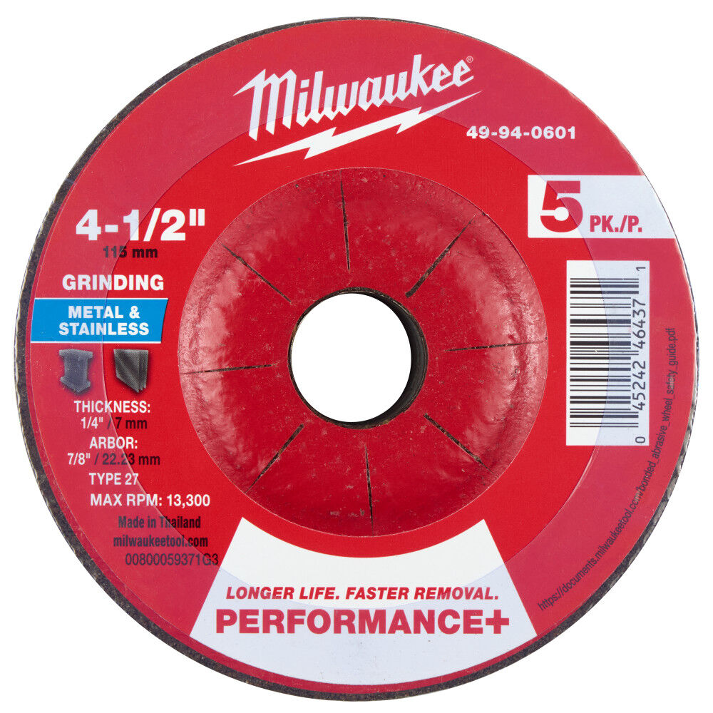 Milwaukee 49-94-0601 - 4-1/2" x 1/4" x 7/8" Performance+ Metal Grinding Wheel - Type 27 - 5pk