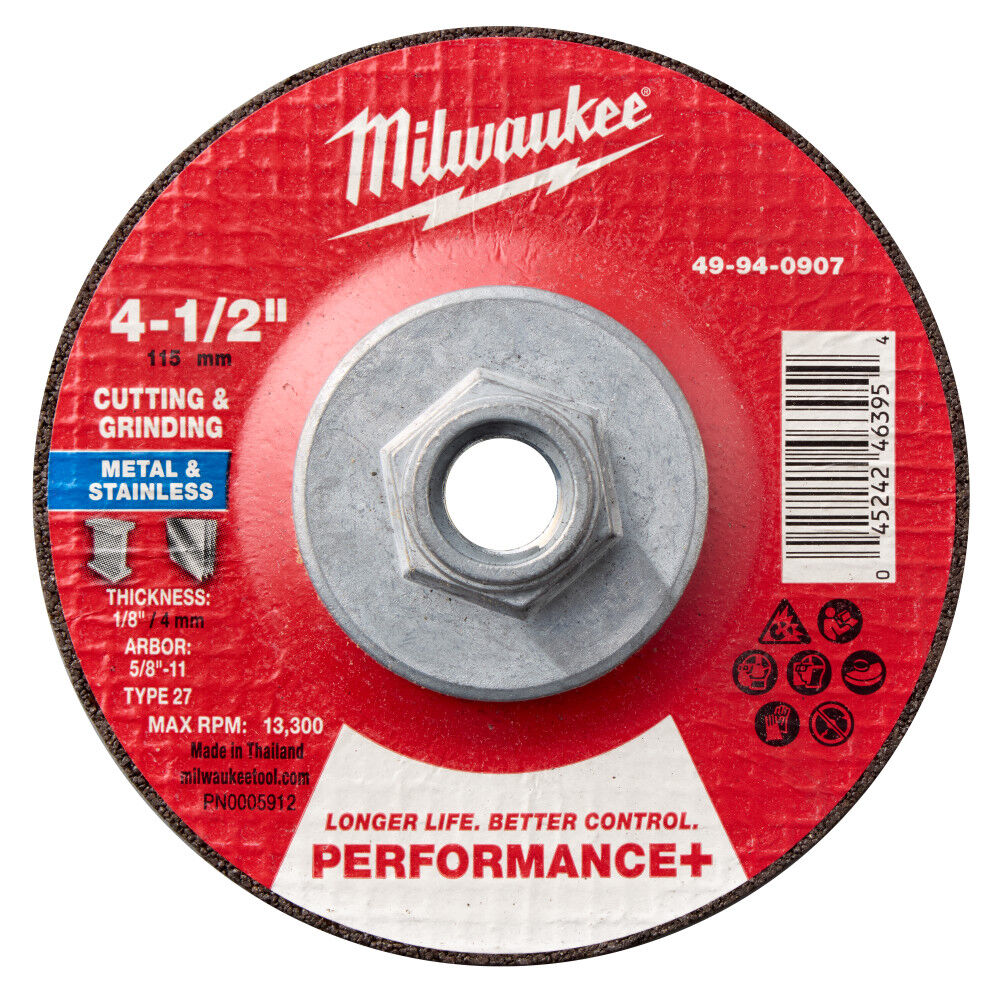 Milwaukee 49-94-0907 - 4-1/2" x 1/8" x 5/8-11" Performance+ Dual Metal Cut & Grind Wheel - Type 27