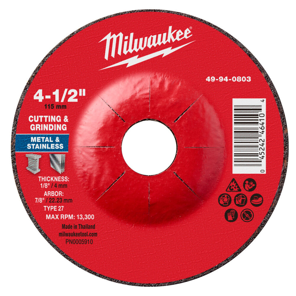 Milwaukee 49-94-0803 - 4-1/2" x 1/8" x 7/8" Dual Metal Cut & Grind Wheel - Type 27