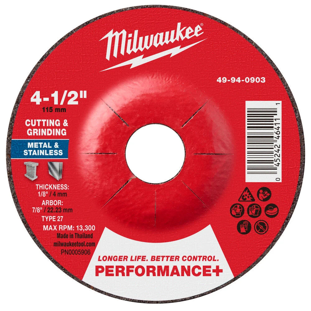Milwaukee 49-94-0903 - 4-1/2" x 1/8" x 7/8" Performance+ Dual Metal Cut & Grind Wheel - Type 27