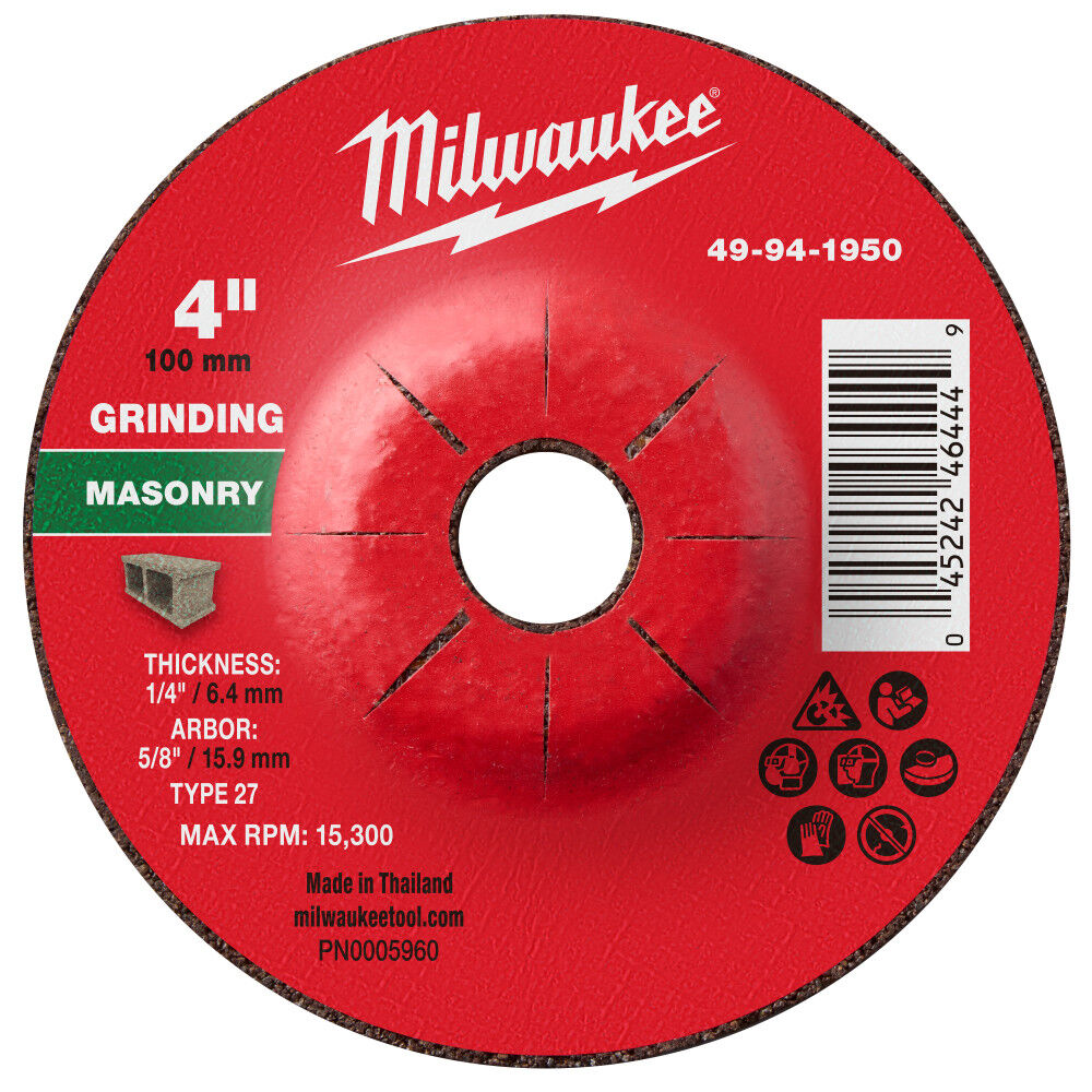 Milwaukee 49-94-1950 - 4" x 1/4" x 5/8" Masonry Grinding Wheel - Type 27