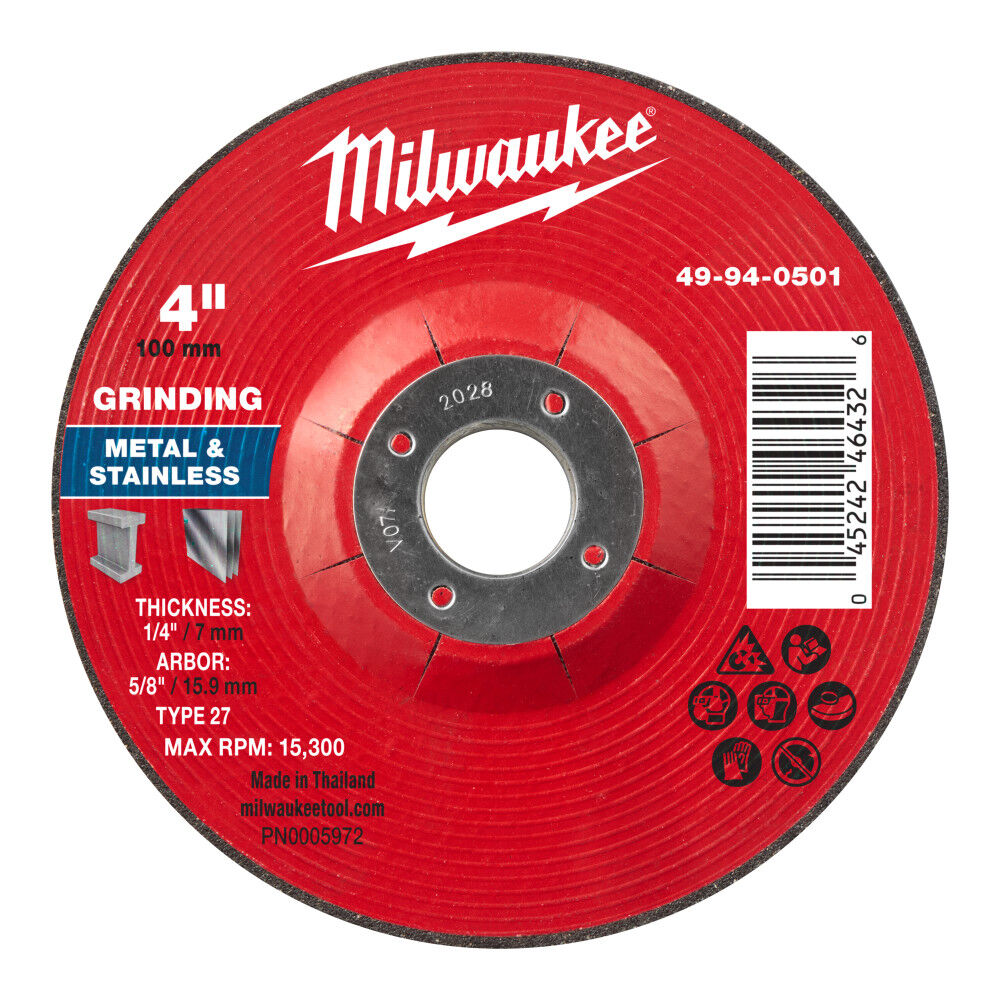 Milwaukee 49-94-0501 - 4" x 1/4" x 5/8" Metal Grinding Wheel - Type 27