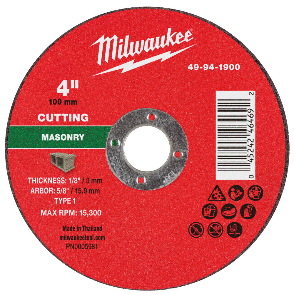 Milwaukee 49-94-1900 - 4" x 1/8" x 5/8" Masonry Cut Off Wheel -Type 1