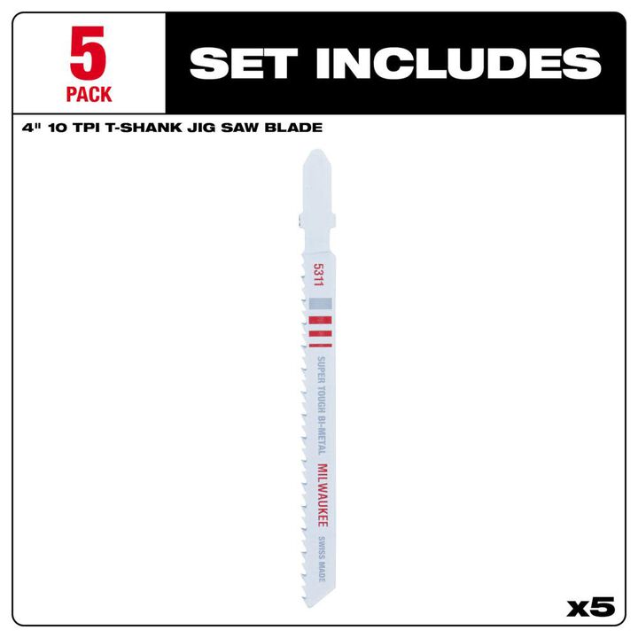 Milwaukee 48-42-5311 - 4in 10TPI T-Shank Wood Bi-Metal Jigsaw Blades 5pk