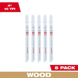 Milwaukee 48-42-5311 - 4in 10TPI T-Shank Wood Bi-Metal Jigsaw Blades 5pk