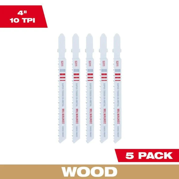 Milwaukee 48-42-5311 - 4in 10TPI T-Shank Wood Bi-Metal Jigsaw Blades 5pk