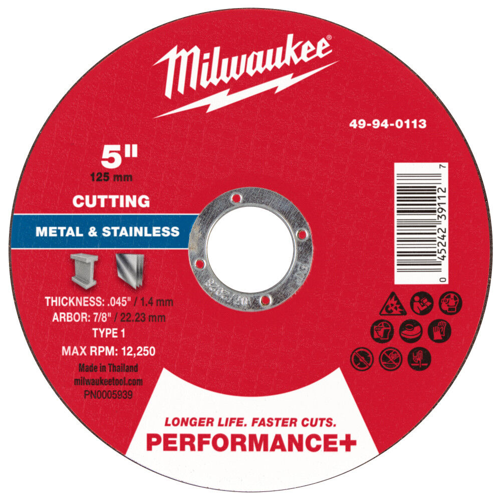 Milwaukee 49-94-0113 - 5" x .045" x 7/8" Performance+ Metal Cut Off Wheel - Type 1