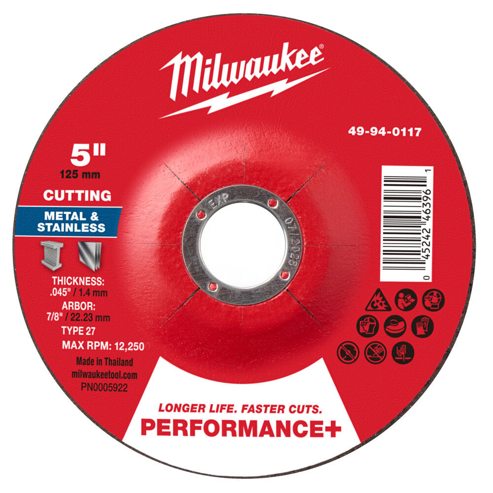 Milwaukee 49-94-0117 - 5" x .045" x 7/8" Performance+ Metal Cut Off Wheel - Type 27