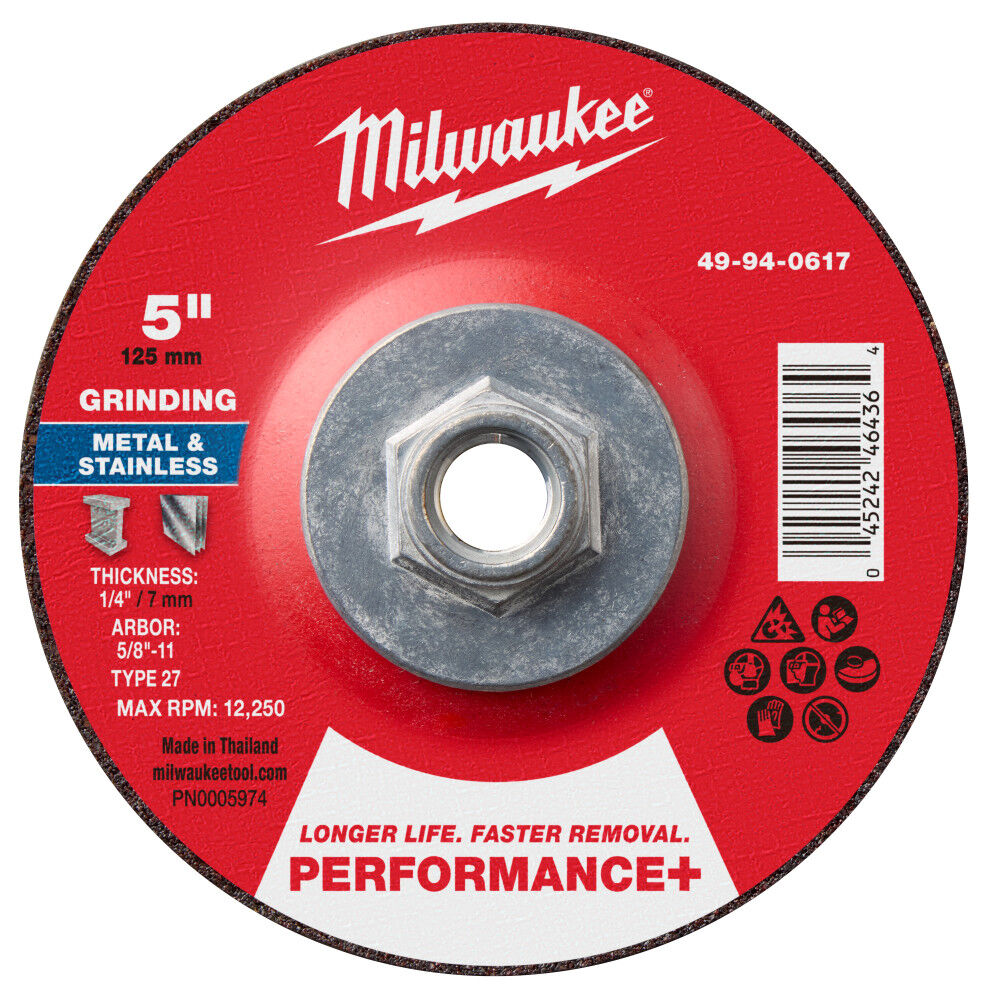 Milwaukee 49-94-0617 - 5" x 1/4" x 5/8"-11 Performance+ Metal Grinding Wheel - Type 27