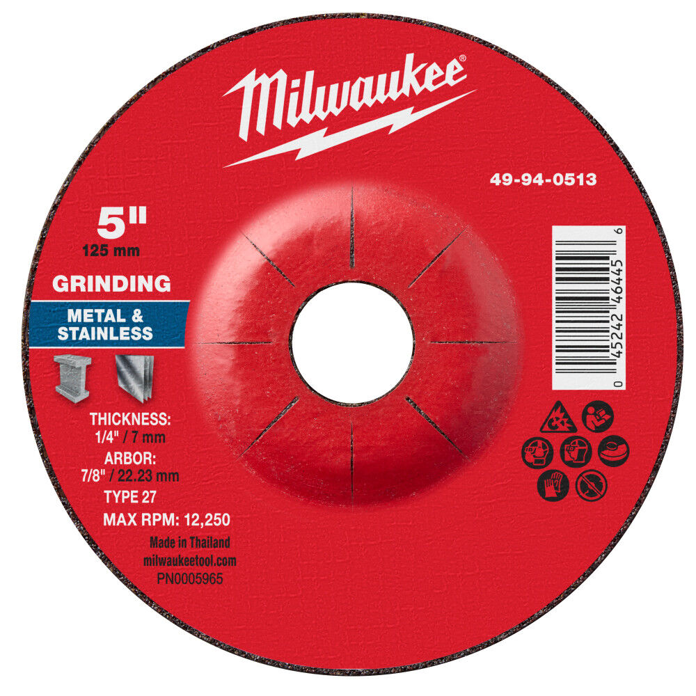 Milwaukee 49-94-0513 - 5" x 1/4" x 7/8" Metal Grinding Wheel - Type 27