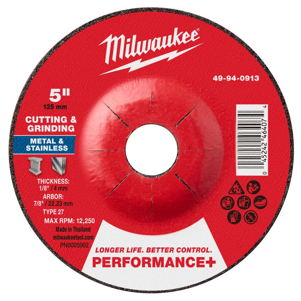 Milwaukee 49-94-0913 - 5" x 1/8" x 7/8" Performance+ Dual Metal Cut & Grind Wheel - Type 27