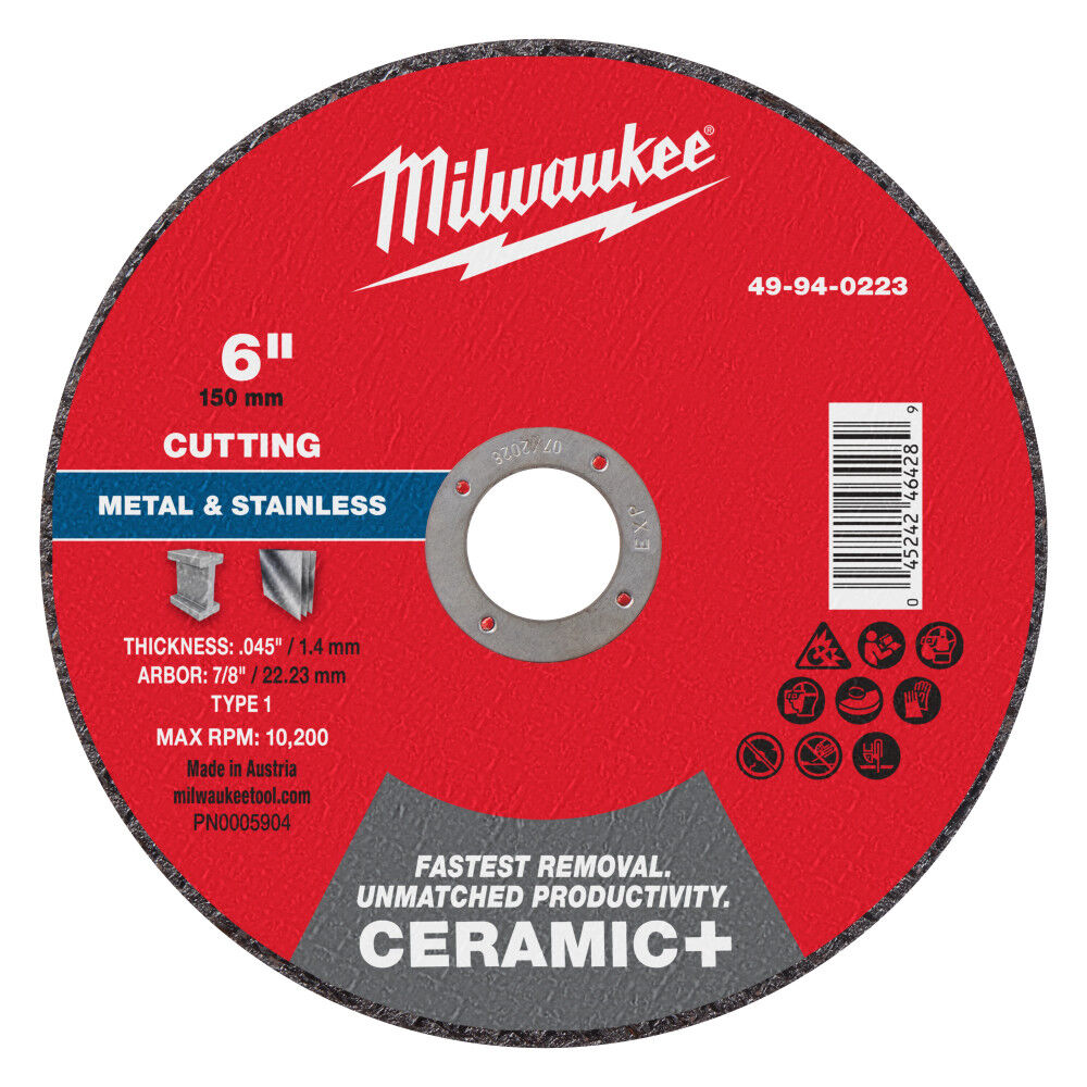 Milwaukee 49-94-0223 - 6" x .045" x 7/8" Ceramic+ Metal Cut Off Wheel -Type 1