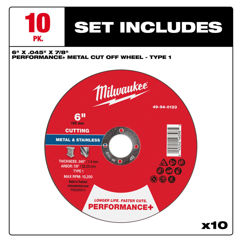 Milwaukee 49-94-0121 - 6" x .045" x 7/8" Performance+ Metal Cut Off Wheel 10 Pack - Type 1