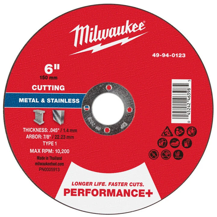 Milwaukee 49-94-0123 - 6" x .045" x 7/8" Performance+ Metal Cut Off Wheel - Type 1