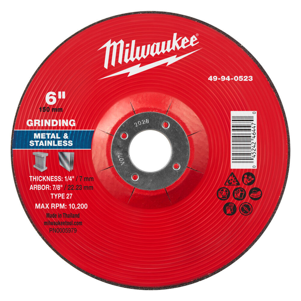 Milwaukee 49-94-0523 - 6" x 1/4" x 7/8" Metal Grinding Wheel - Type 27