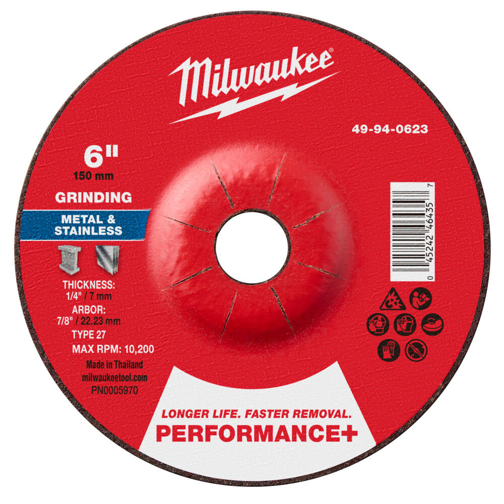 Milwaukee 49-94-0623 - 6" x 1/4" x 7/8" Performance+ Metal Grinding Wheel - Type 27
