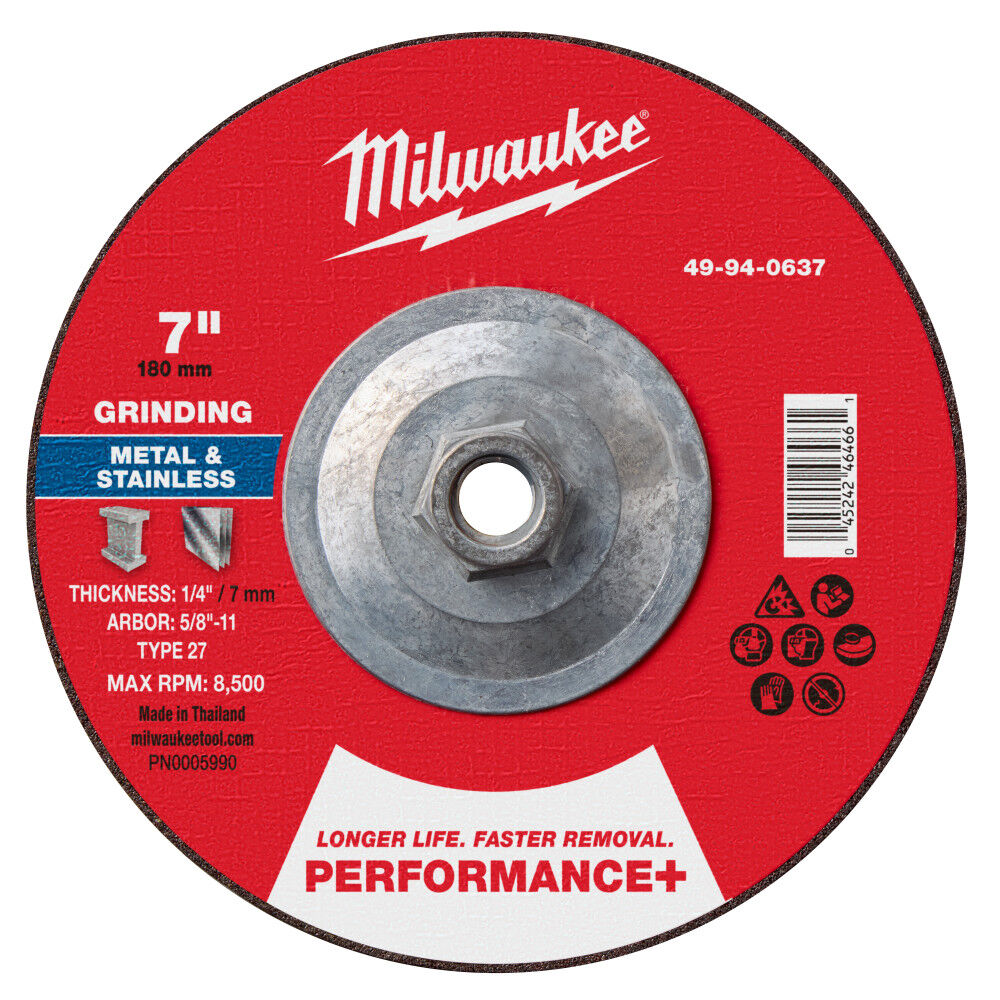 Milwaukee 49-94-0637 - 7" x 1/4" x 5/8"-11 Performance+ Metal Grinding Wheel - Type 27