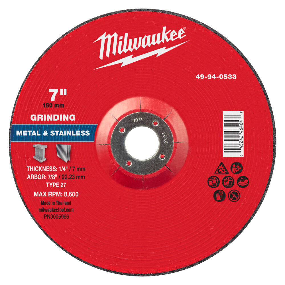 Milwaukee 49-94-0533 - 7" x 1/4" x 7/8" Metal Grinding Wheel - Type 27