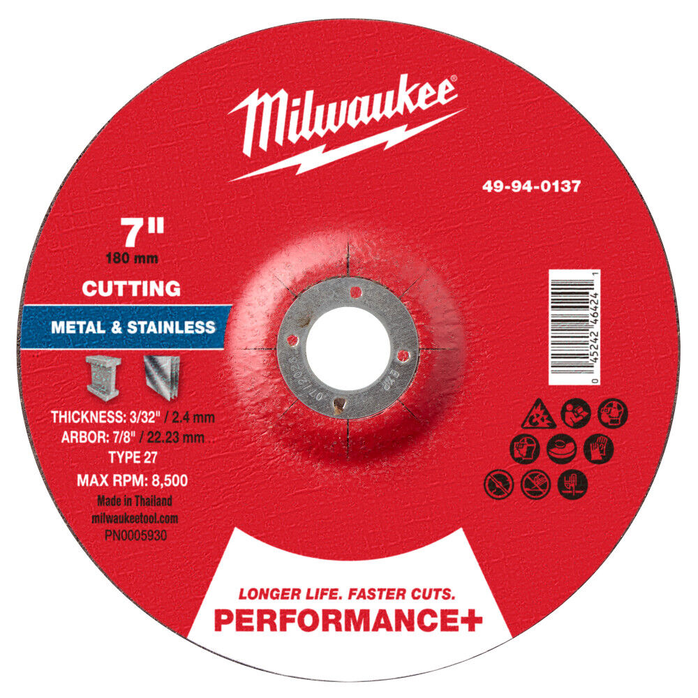 Milwaukee 49-94-0137 - 7" x 3/32" x 7/8" Performance+ Metal Cut Off Wheel - Type 27