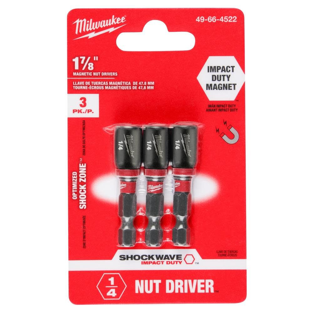 Milwaukee 49-66-4522 - SHOCKWAVE Impact Duty 1/4 x 1-7/8 Magnetic Nut Driver 3PK