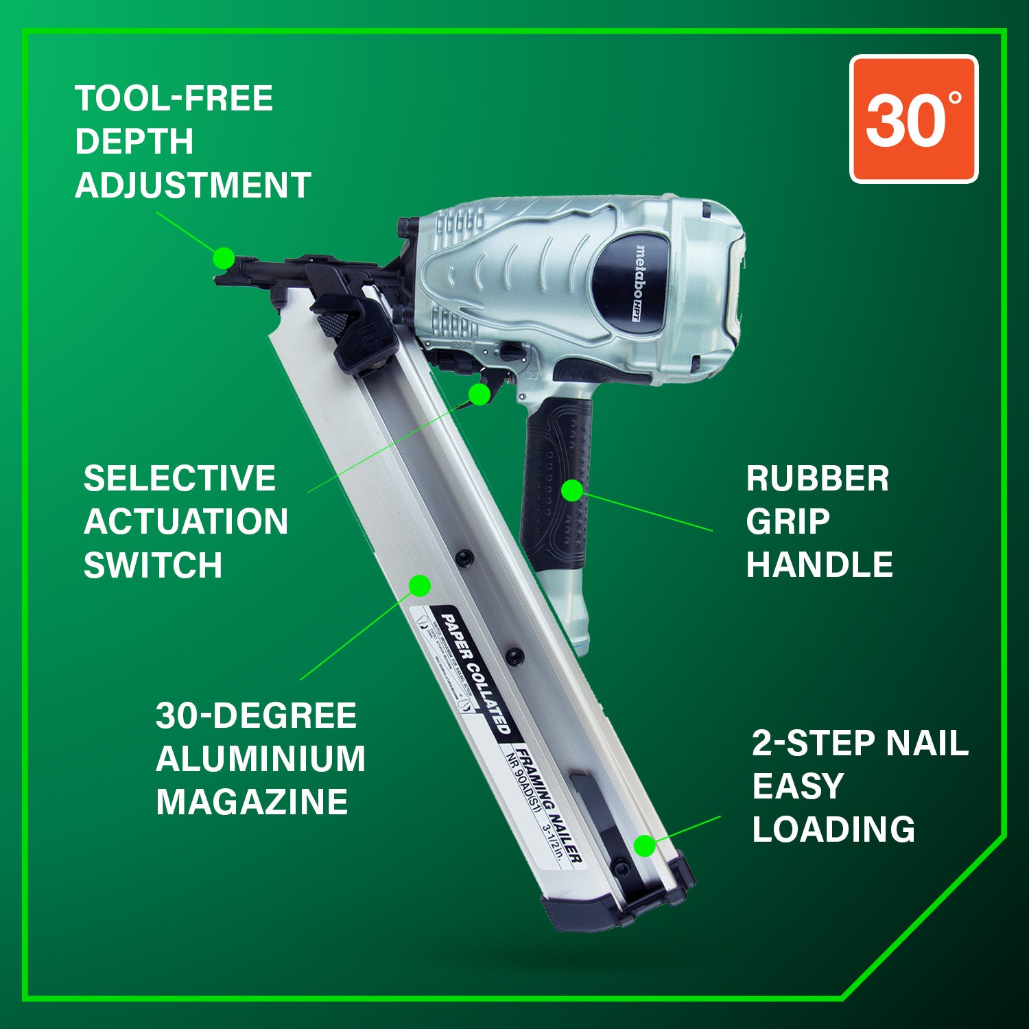 METABO HPT NR90ADS1M - 3-1/2 Inch 30° Paper Collated Framing Nailer