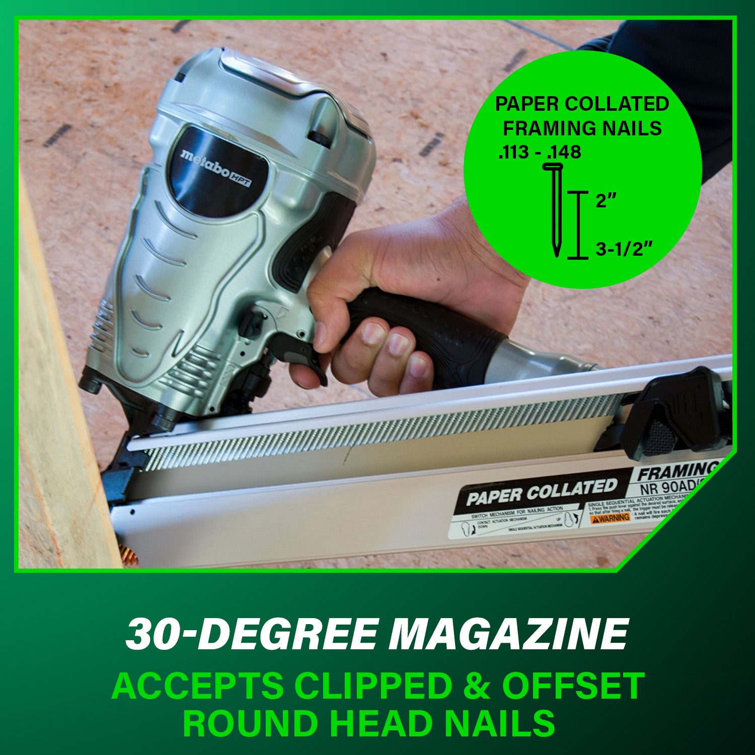 METABO HPT NR90ADS1M - 3-1/2 Inch 30° Paper Collated Framing Nailer