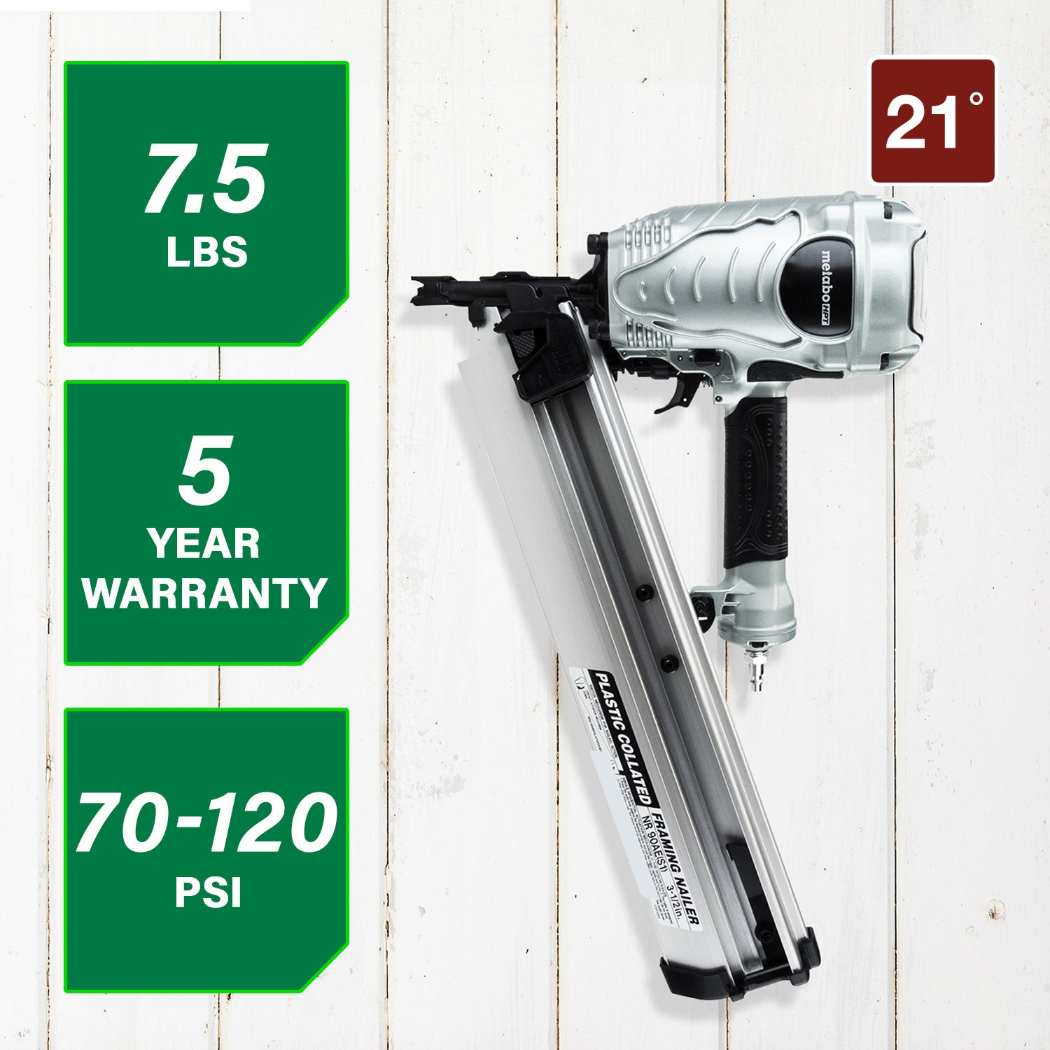 METABO HPT NR90AES1M - 21 Degree Plastic Collated 3-1/2 Inch Framing Nailer