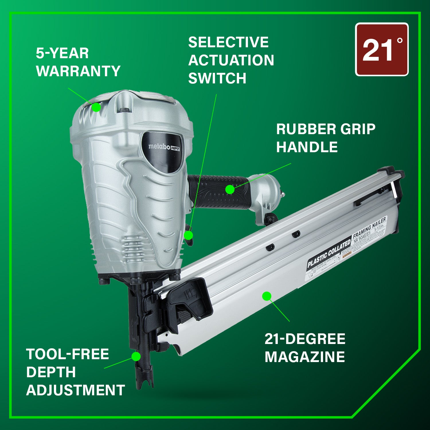 METABO HPT NR90AES1M - 21 Degree Plastic Collated 3-1/2 Inch Framing Nailer
