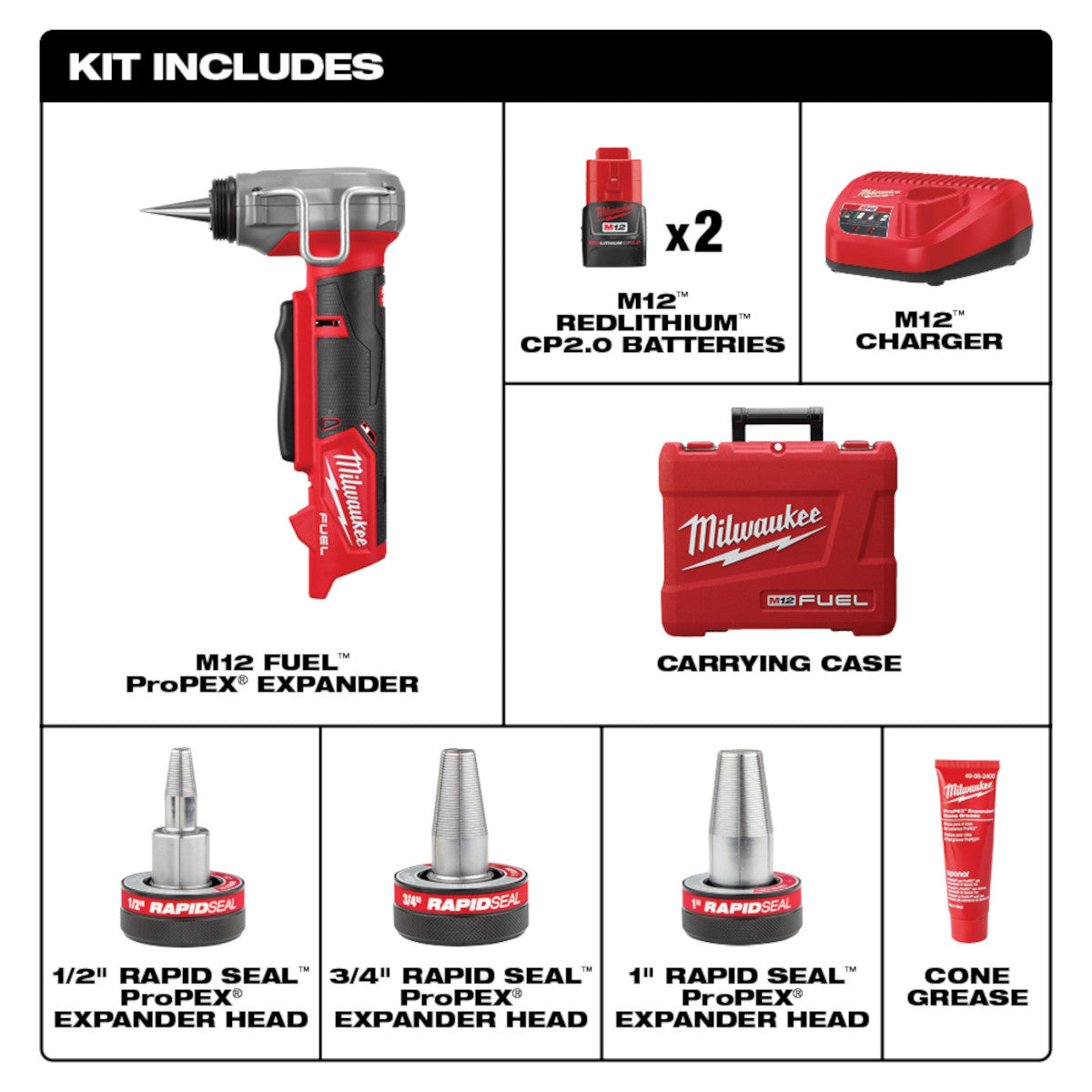 Milwaukee 2532-22 - M12 FUEL™ ProPEX® Expander Kit w/ 1/2"-1" RAPID SEAL™  ProPEX® Expander Heads - Wise Line Tools