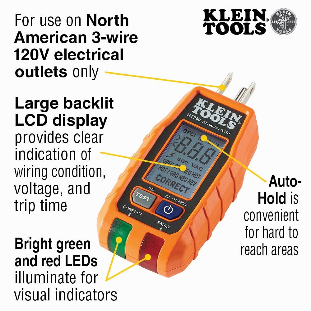 KLEIN KLE-RT250 - GFCI Receptacle Tester with LCD