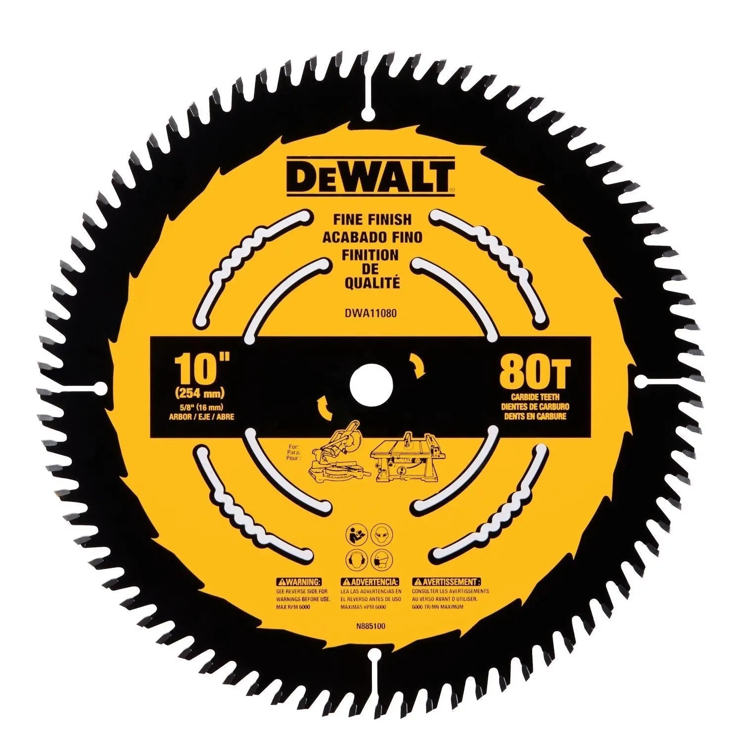 DEWALT DWA11080-10 In Carbide Table Saw Blade 80 Tooth with 5/8 in Arbor (1 Pack)