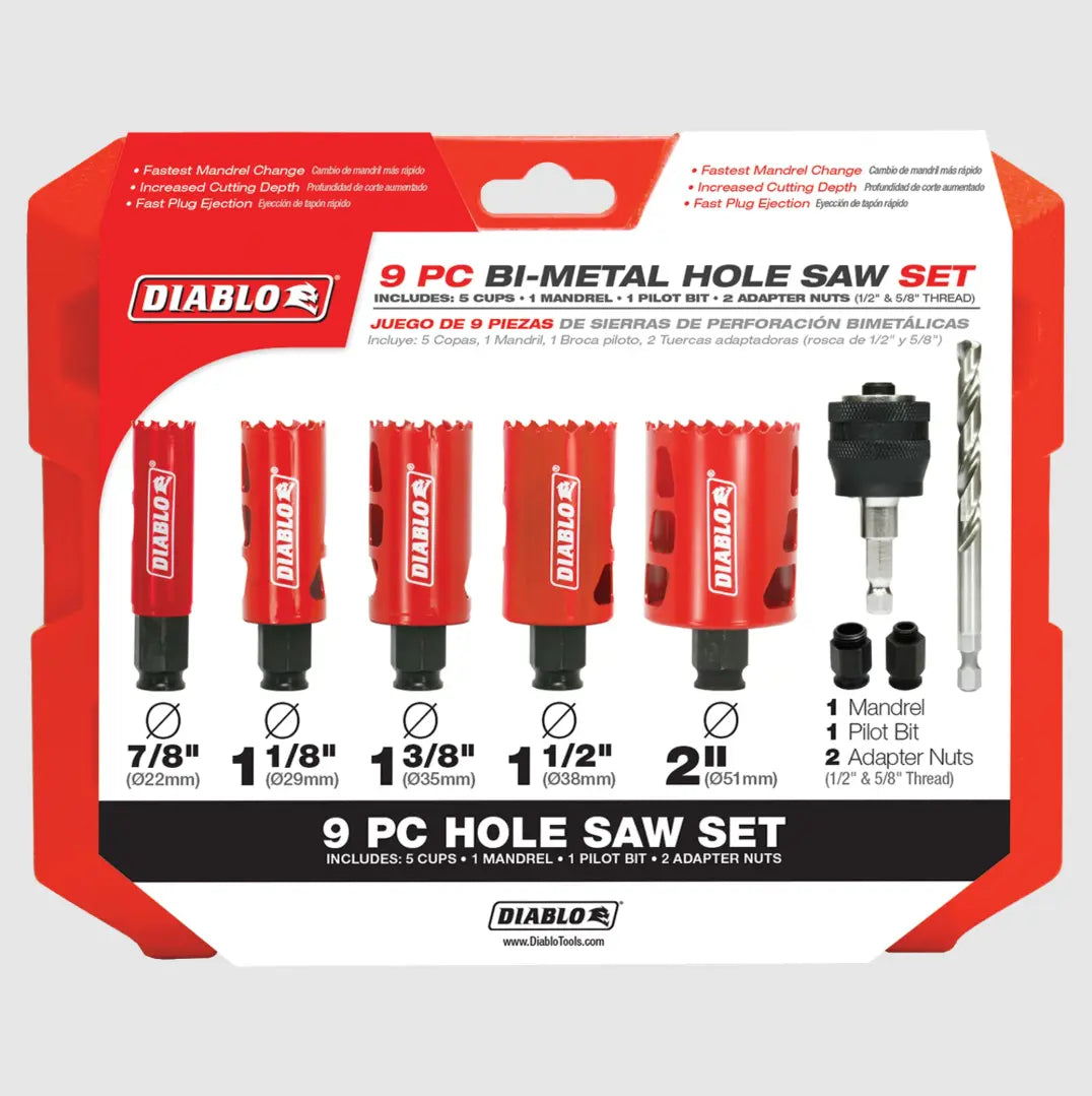 Diablo DHS09SGP  -  9 Piece High Performance Hole Saw Set For Drilling Wood, Plastic, Aluminum, Metal Stainless Steel, 7/8"-2" Cutters