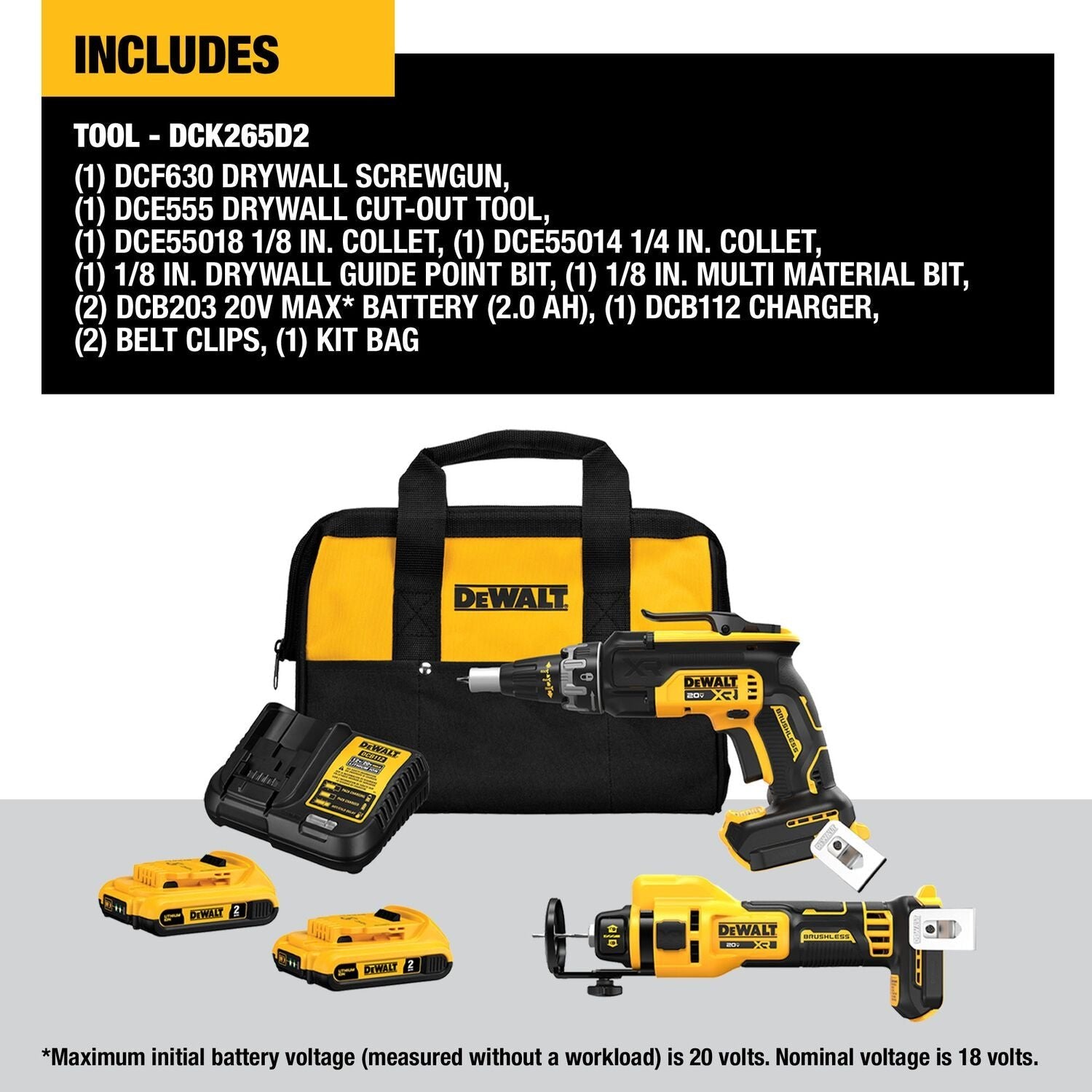 DEWALT DCK265D2-20V MAX* XR Brushless Drywall Screwgun and Cut-Out Tool Combo Kit (2.0Ah)