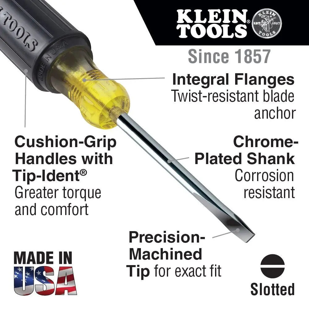 KLEIN KLE-605-8 - 1/4-Inch Cabinet Screwdriver, Heavy Duty, 8-Inch Round Shank