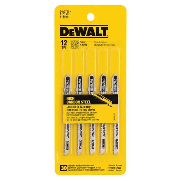 DEWALT DW3765H-3-Inch 12 Tpi Trim/Coping Hcs T-Shank Jig Saw Blade (5-Pack)